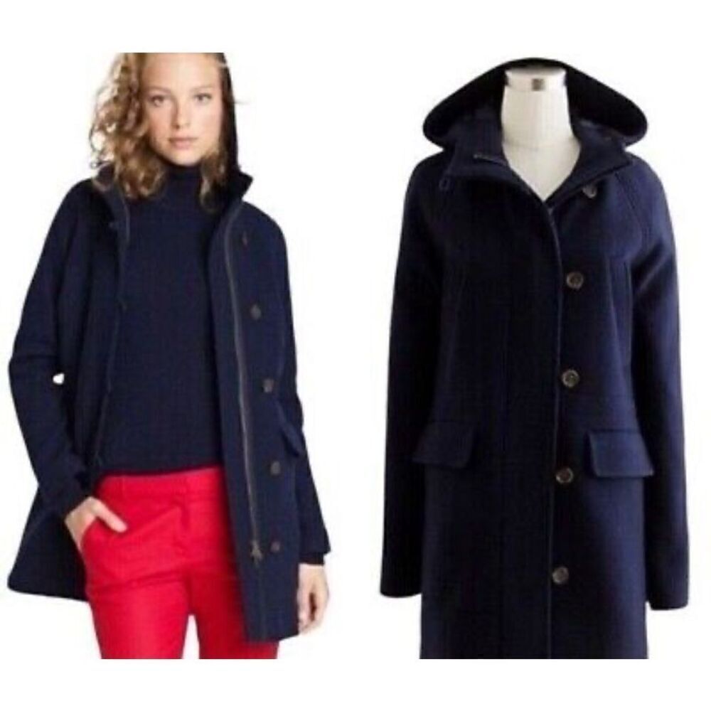 J. Crew Stadium Cloth Elements Coat 100% Wool 31410 Navy Blue Hood Preppy Duffle
